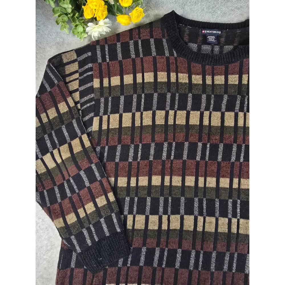 Knightsbridge Mens Large Vintage 90s Geometric Coogi Style Knit Sweater Grandpa